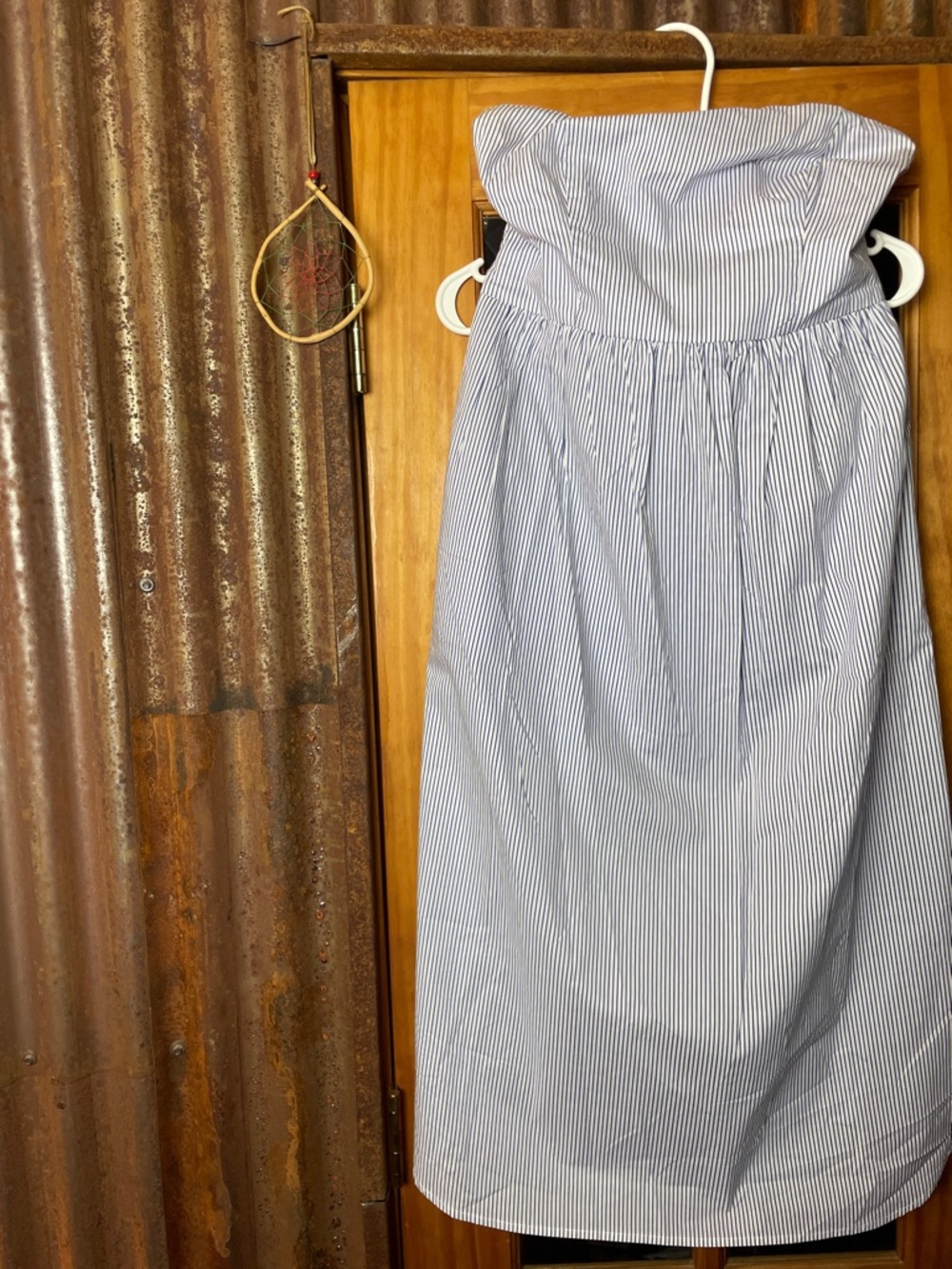 “Piper” White and Blue Striped Strapless Sundress, Size 12nnm.